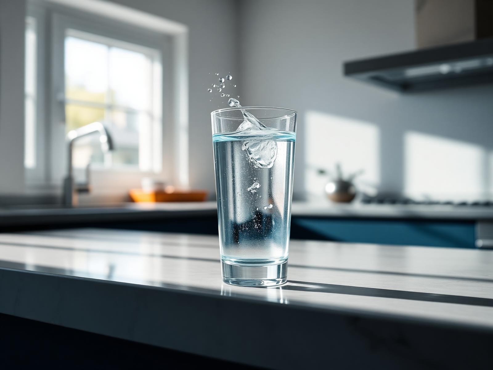 Glass of clean filtered drinking water on a kitchen counter